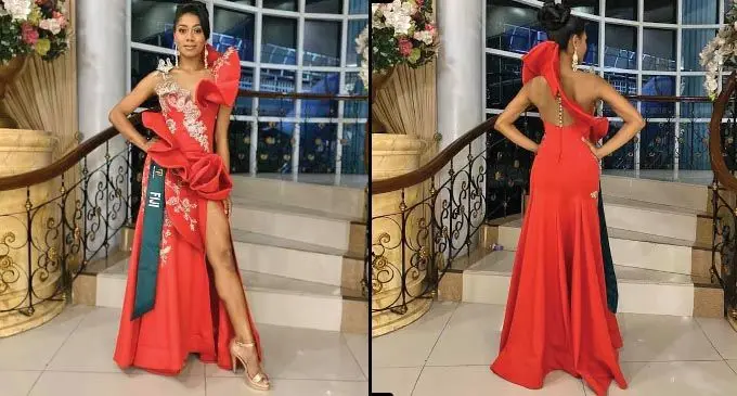 Miss Earth Fiji 2019, Zaira Begg wore a fluttery, lacy red gown with a side slit in the Evening Gown category.  Her dress was put together by a Filipino designer, Joey Ramirez.