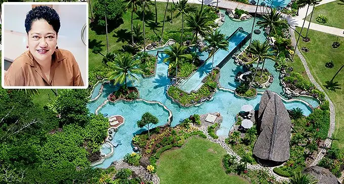 Laucala Island Resort with the inserted image of Atelaite Cama.