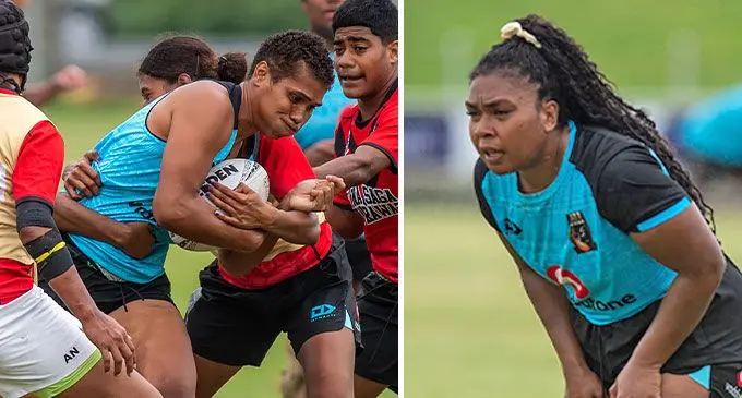 From left: Sereana Maragi (with the ball) and Fiji Bulikula prop Aliti Namoce during the captains run on October 25, 2024. Photos: Leon Lord