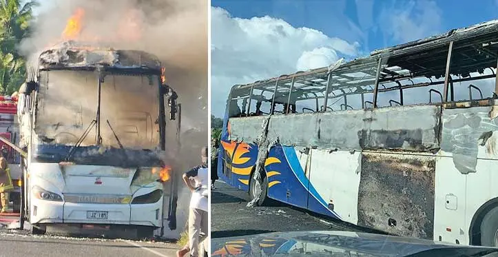A Sunbeam Transport bus that caught fire near Olosara, Sigatoka, on June 18, 2023. Photo: National Fire Authority
