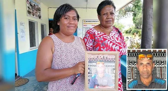 Lusiana Ralogaivau and Lani Waqa holding the photo of the late Kitioni Waqa at the Nadi Hospital Mortuary in Nadi. (Inset: Photo of the deceased, Kitioni Waqa.)