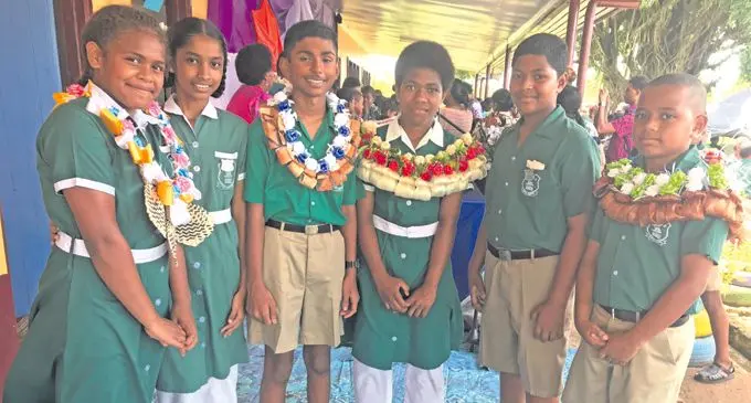 From left: Ahmadiyya Muslim Primary School deputy headgirls Virisine Talakinona, Prishanta Sharma with headboy Tushal Prasad, headgirl Akesa Domowai and deputy headboys Zsaderick Maya and Ilaiti Bulai. Photo: Losirene Lacanivalu