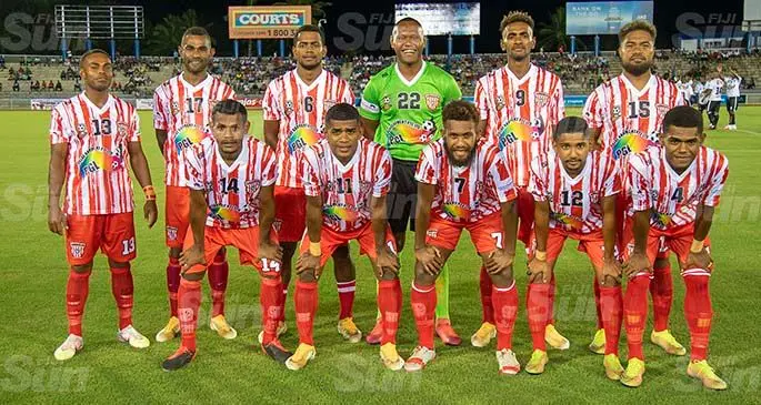 Labasa football team (front-left to right) Akeimi Ralulu, Ilisoni Lolaivalu, Marlon Tahioa, Ashnil Raju, Sitiveni Rakai. (Back- left to right) Ratu Anare, Lekima Gonerau, Sekove Naivakananumi, Akuila Mateisuva, Siotame Kubu, Ilisoni Logaivau at the ANZ Stadium, Suva, on February 19, 2021. Photo: Leon Lord