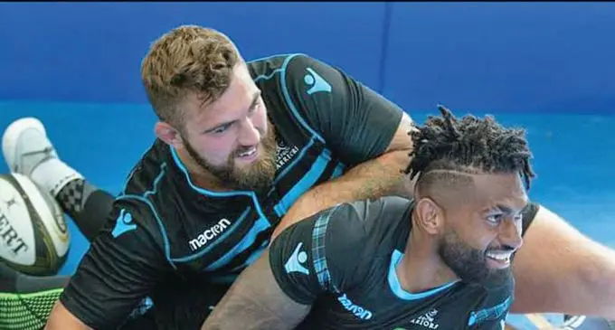 Glasgow Warriors vice captain Ryan Wilson haviing a light moment with former Flying Fijian and Glasgow Warriors Utility backline player Nikola Matawalu. Photo: Glasgow Warriors
