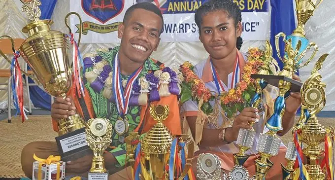 Maharishi Sanatan College DUX Ratu Kaliova Rodaunikucu with Student of the year Salanieta Rositalei during the prizegiving on November 14, 2019.  Photo: Waisea Nasokia