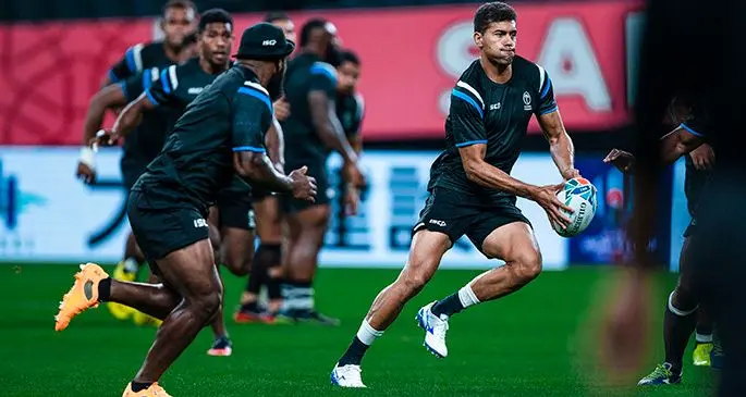 Fiji Airways Flying Fijians first five eight Ben Volavola sets the backline in motion during the Captain’s run at the Sapporo Dome, Japan on September 20, 2019. Photo: Bruce Southwick/ZoomFiji