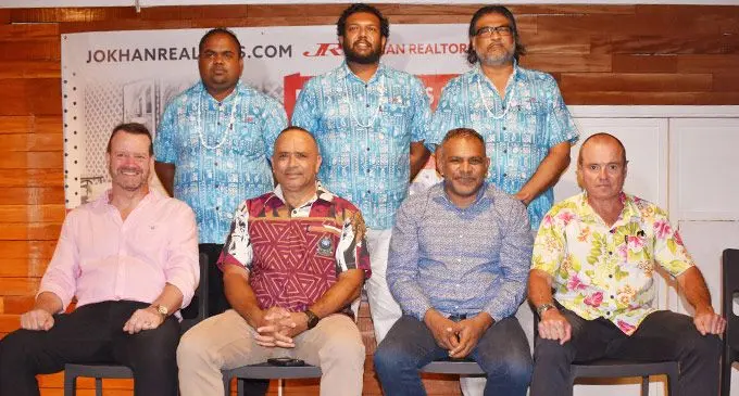 Standing from left: Jokhan Realtors Pte Ltd’s real estate agent Shiva Reddy, Reginald (Junior) Jokhan and firm’s managing director Reginald Jokhan. Seated from left: Fiji Revenue and Customs Service chief executive officer Mark Dixon, Police Commissioner Brigadier-General Sitiveni Qiliho, Minister for Commerce, Trade, Tourism and Transport Faiyaz Koya and Australian High Commissioner to Fiji John Feakes during Jokhan Realtors Pte Ltd’s 22-year anniversary celebration at Paradiso Restaurant and Bar, Albert Park, Suvaon April 23, 2022. Photo: Ministry of Commerce, Trade, Tourism and Transport.