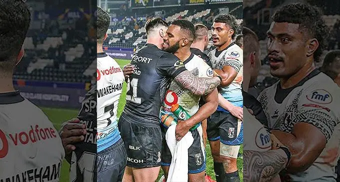 Rookier Vodafone Fijian Bati fullback Sunia Turuva and forward Taniela Sadrugu gracious in defeat against New Zealand in the Rugby League World Cup quarterfinal in Hull on November 5, 2022. Photo: NRL.com.
