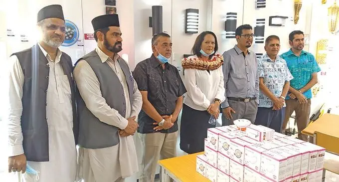 From left: Missionary for West Naeem Ahmad Iqbal, missionary for Taveuni and Rabi Tariq-Ahmed Rashid, Popular Furniture Limited managing director Ghalib Shah, Minister for Women, Children and Poverty Alleviation Rosy Akbar, Al-Hamd Smart Living managing director Ashfaaq Khan, Nippon Autoparts and Tyre Centre managing director Iqbal Khan and Nippon Autoparts and Tyre Centre director Zaheer Khan during Al-Hamd Smart Living sixth shop opening in Nadi on November 6, 2021. Photo: Shreya Kumar. 