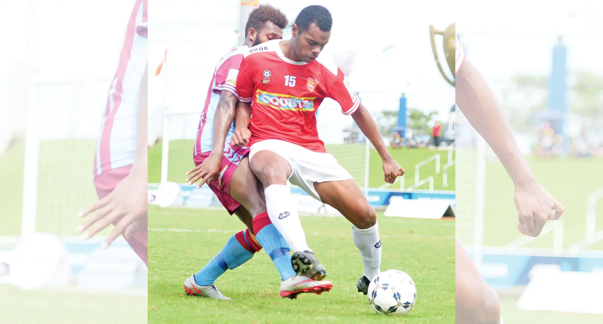 Rewa’s Waisake Navunigasau shields the ball away from Nasinu striker Marlon Tahioa during the Courts Interdistrict Championship 2020 clash at the ANZ Stadium, Suva on October 8, 2020. Rewa won 5-1.   Photo: Ronald Kumar