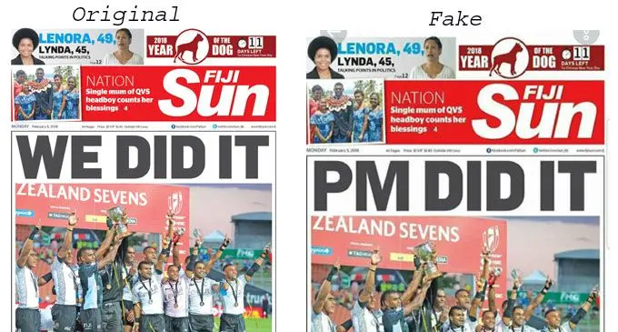 The original Fiji Sun front page posted on Monday 05 February, 2018 (left). On the right is the photo-shopped front page which was first shared by a fake Facebook profile on social media.