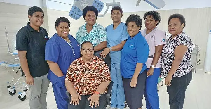 PSH birthing team led by Dr Tui Taoi (sitting, front row). Back row (from left:) Vive Savucala, Mereani Naioba, Baleimaleya Vatusue, Miriana Adituna, Elenoa Turaganivalu and Ruci Vivuya. Photo: Charles Chambers