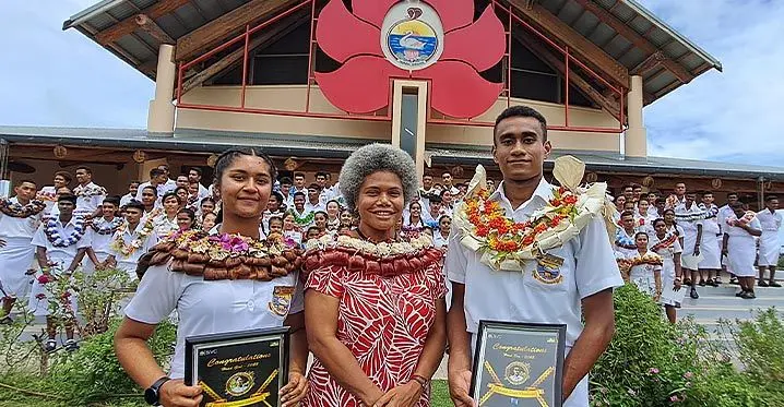 From left: Head girl Raina Kumar, Assistant Minister for Housing and Local Government Lenora Qereqeretabua, and head boy Zephaniah Naivolasiga. Photo: Waisea Nasokia