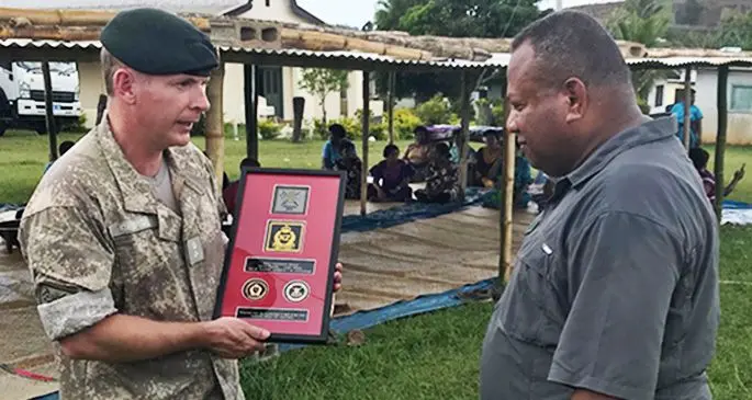 New Zealand Defence Force Chief Instructor Major Tim Colliar with the Minister for Defence and National Security, Inia Seruiratu. Photo: New Zealand Defence Force