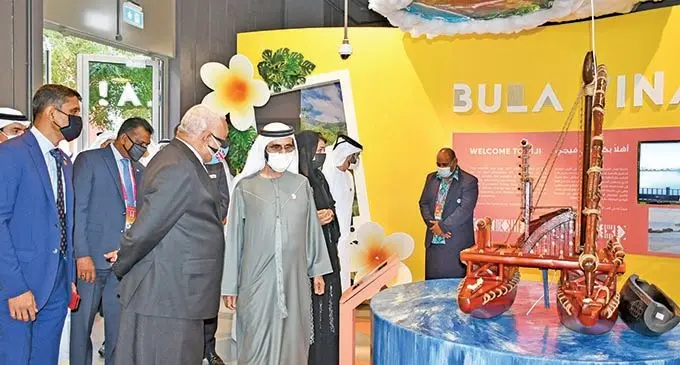 Prime Minister Voreqe Bainimarama with Vice President and Prime Minister of the United Arab Emirates (UAE) Sheikh Mohammed bin Rashid Al Maktoum at the Dubai expo at the iconic Al Wasl Dome at the United Arab Emirates. Photo: Office of the Prime Minister