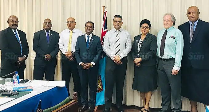 From left: Members of Parliament Inosi Kuridrani and Sachida Nand, with Licensed Insurance Brokers Association of Fiji member James Mastapha, Standing Committee on Economic Affairs chairperson, Vijay Nath, association member, Wayne Wong, committee deputy chair Veena Bhatnagar, association chair Bill Higginson, and MP Ro Filipe Tuisawau during the submission, in Suva, on April 12, 2022. Photo:Laisa Lui