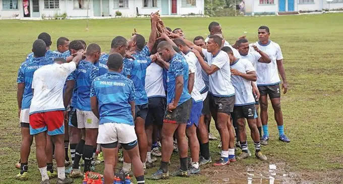 Police Blue and Police White rugby 7s team at the Nasova Police Academy ground in Suva on September 23, 2020. Photo: Sereana Salalo