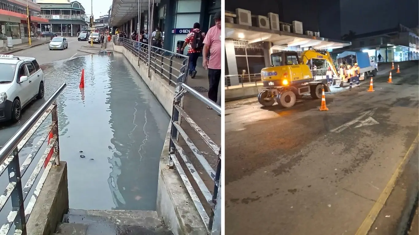Left: A flooded Renwick Rd behind MHCC in Suva on August 25, 2026. Right: Suva City Council workers working on fixing the problem into the night.