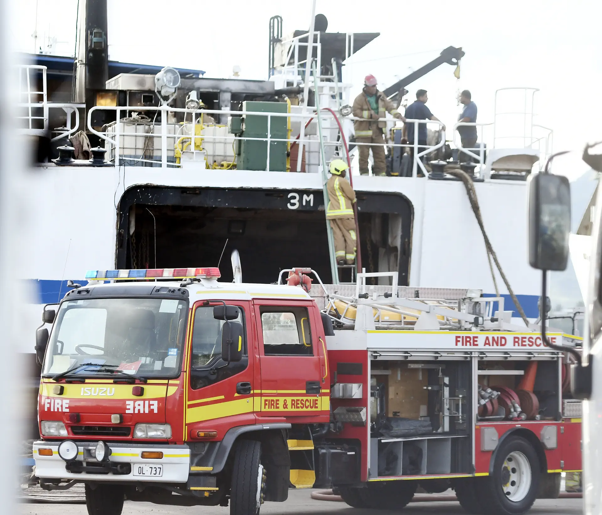 Fire fighters put out the fire at Goundar Shipping's  Lomaiviti Princess VIII at Port Mua-i-Walu on April 20, 2026.