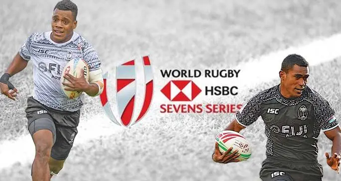 Fiji Airways Fijian 7s rep Napolioni Bolaca (left) and Aminiasi Tuimaba (right).