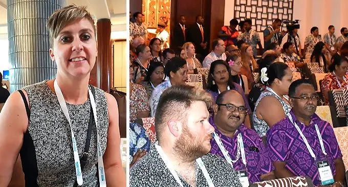 Hoot Holidays product manager Stephanie Jones. Photo: Nicolette Chambers. Local and international buyers and guests during the opening of the Fijian Tourism Expo 2022 at the Sheraton Fiji Golf and Beach Resort in Denarau, Nadi, on May 11, 2022. Photo: Waisea Nasokia