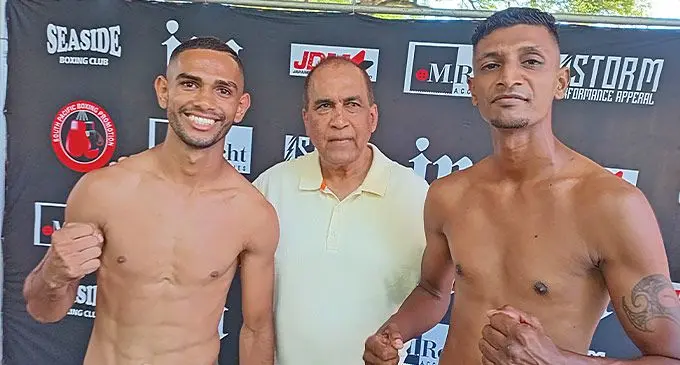 From left: Ubayd Haider, South Pacific Boxing Promotions director Mohammed Shameem and Krishnil Mudaliar during the official weigh-in at Nair’s Dais in Nadi on May 17, 2024. Photo: Waisea Nasokia