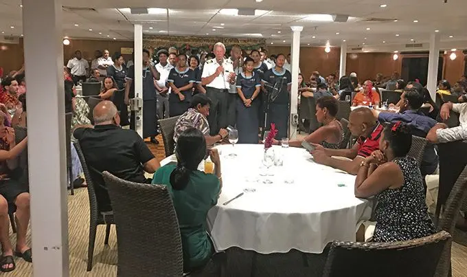 Staff of Captain Cook Cruises Reef Endeavour with Captain Ken Ballantuine  entertaining guests on board the cruise vessel on December 28, 2020. Photo: Maraia Vula Photo: Maraia Vula