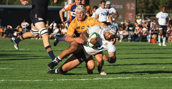 Burly Waratahs winger Nemani Nadolo goes over for a try against Brumbies at Exis Sports Field in Griffth, during their pre-season trial match on February 4, 2023. Photo: Rugby.com.au