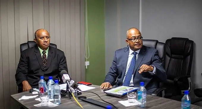 Ministry for Public Works, Transport and Meteorological Services Ro Filipe Tuisawau (left), and Land Transport Authority chairperson, Jame Sowane, during the line minister’s briefing at the LTA headquarters in Valelevu, Nasinu, on January 3, 2023. Photo: Leon Lord
