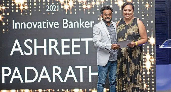 Bred Bank Fiji staff Ashreet Padarath after receiving the Innovative Banker Award, with bank’s head of retail Susie David.