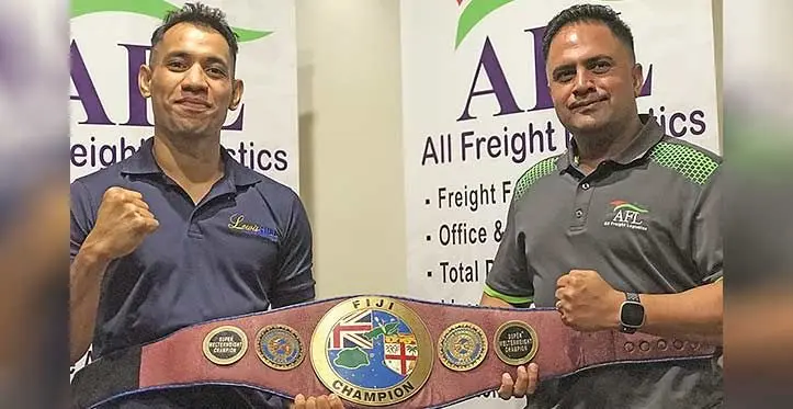 Fiji Super Welterweight champion Winston Hill (left) and All Freight Logistics (AFL) director Alfaaz Mallam at the AFL office in Vatuwaqa, Suva on June 13, 2023. Photo: Sereana Salalo