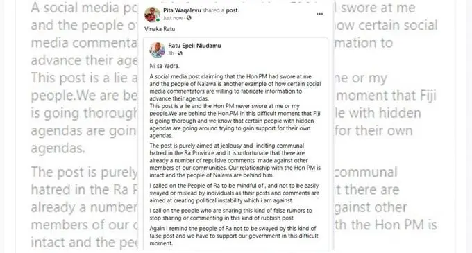   snap shot of Ratu Epeli Niudamu’s post on Facebook. 