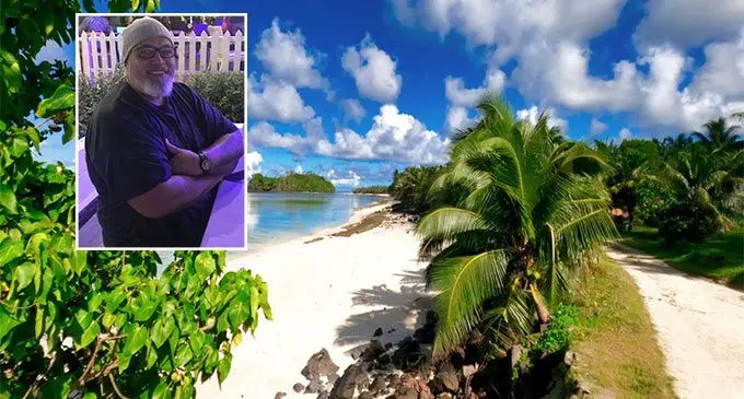 A beachfront stretch in Rotuma. Inset: William Bigwilz Waqanibaravi caught up with friends at Sailor’s Beach in recent weeks. Photo: Frederica Elbourne