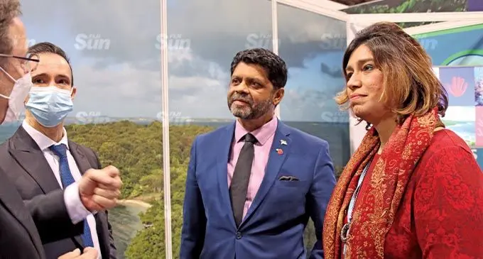 Attorney-General and Minister Responsible for Climate Change Aiyaz Sayed-Khaiyum (second from right), with Preeti Sinha, Executive Secretary for the United Nations Capital Development Fund during the announcement of Fiji’s First Sovereign Blue Bond at the AOSIS Pavilion, Scottish Exhibition Campus, in Glasgow, Scotland. Photo: Rosi Doviverata