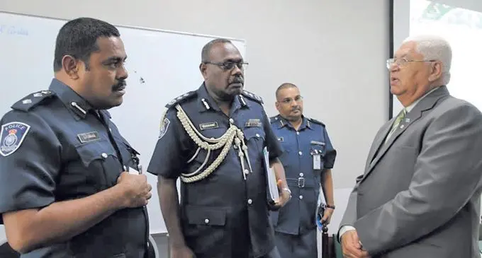 Front from left: SSP Aporosa Lutunauga, Deputy Police Commissioner Rusiate Tudravu and SP Mahendra Shiyam and Committee chairperson Alex O’Connor on January 29, 2019. Photo: Parliament of Fiji