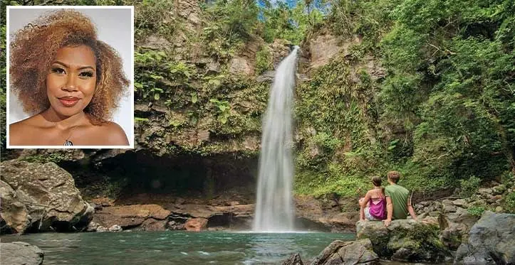 Bouma Heritage waterfalls in Taveuni is one place Ditui Raika would take visitors. Inset: The Distillery Co (Fiji) PTE Limited sales and promoter Ditui Raika.