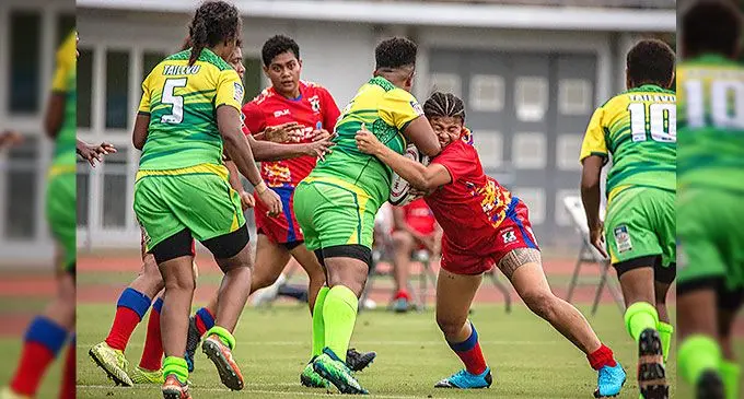 Namosi Women’s flanker Agnes Seru stops a rampaging Romeli Cavlulati during their ANZ Marama Championship clash at the ANZ Stadium, Suva, on March 18, 2022. Photo: Leon Lord