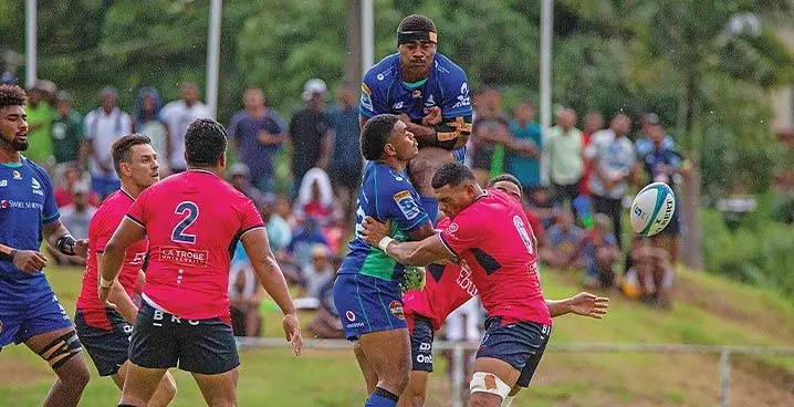 Swire Shipping Fijian Drua winger Vinaya Habosi goes for a catch and loses the ball against Melbourne Rebels during the Shop N Save Super Rugby Pacific pre-season trial at Prince Charles Park in Nadi on January 28, 2023. Photo: Leon Lord