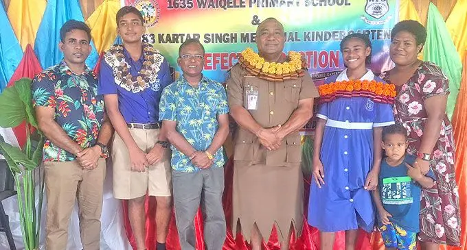 Waiqele Primary school head boy Kreeshal Kumar (second from the left), and head girl Vasitia Waqaninavatu (second from the right), with their parents, head teacher Suresh Chand and chief guest Ratu Viliame Tagivetaua during the prefect induction in Labasa on February 21, 2025.