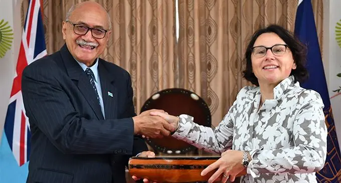 President Major General (Ret'd) Jioji Konrote today received Her Excellency Ambassador Mira Simone Woldberg of Netherlands credentials at Borron House.