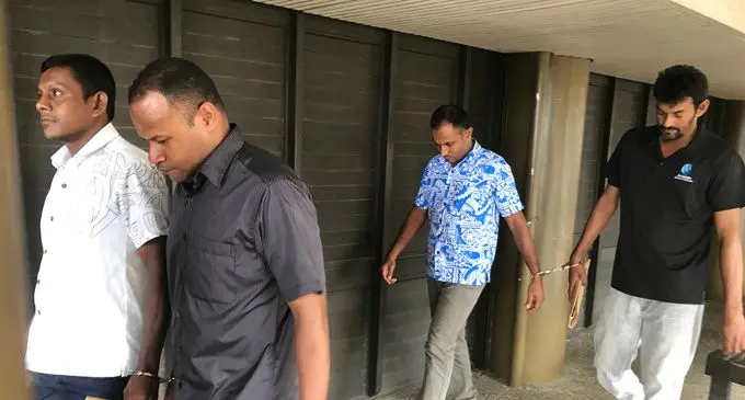 The four accused (from left) Umesh Chand, Etuate Sauturaga, Shalendra Sen Sinha and Imitiaz Imran Ali outside the Magistrates Court in Lautoka on March 6, 2018.  Photo: Arieta Vakasukawaqa 