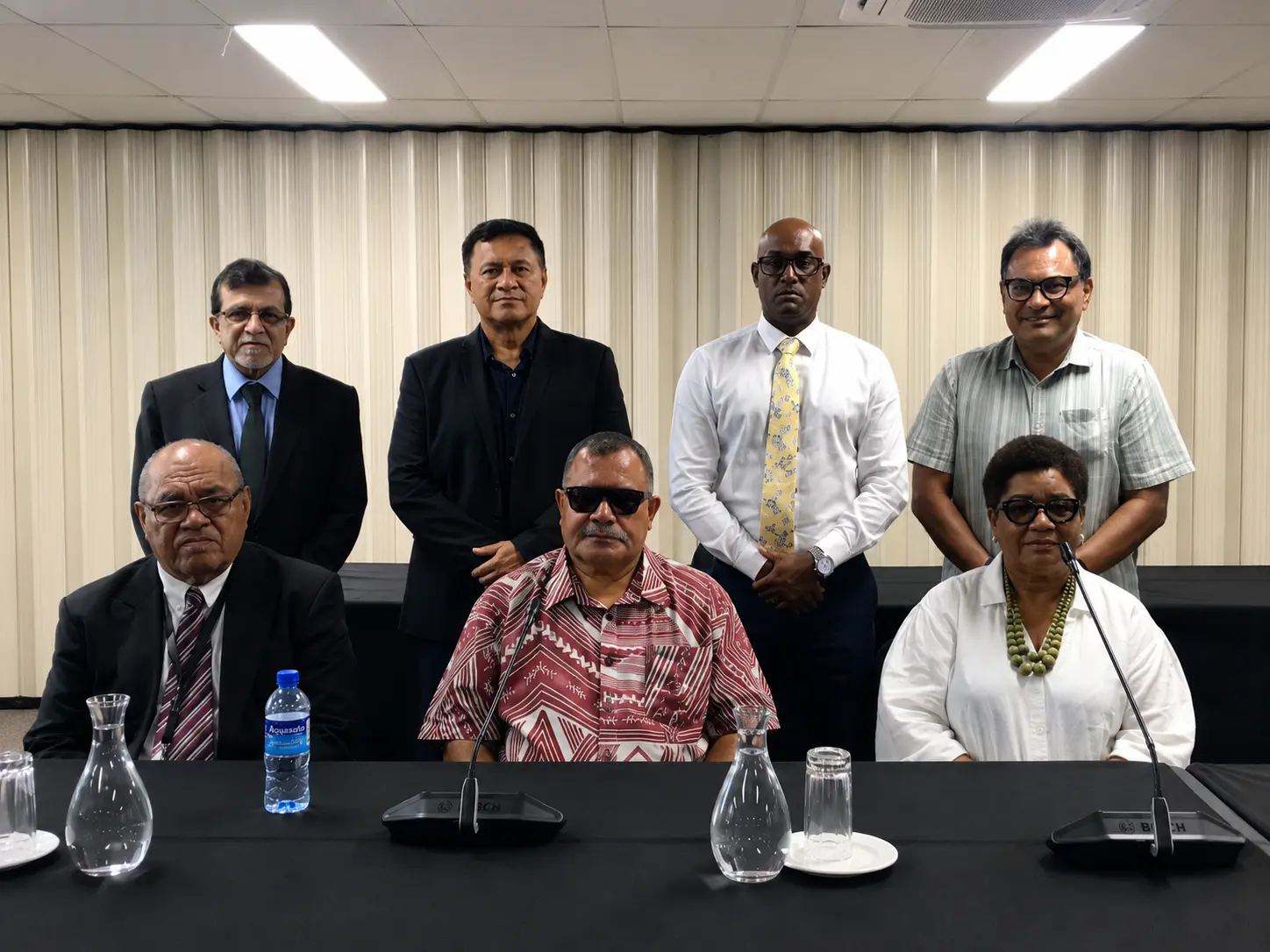 Sitting (from left) Constitutional Review Commission chairperson Sevuloni Valenitabua, Fiji Disabled People’s Federation president Setareki Macanawai, and Ana Macanawai with CRC commissioners in Suva, on July 9, 2026.