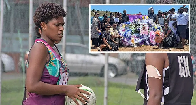 The late Vani Ratudara (left) during the FinanceHub league earlier this year. Photo: Netball Fiji/ Inset: Friends and family farewell Lautoka Stars netball rep and member of Netball Fiji academy Vani Ratudradra on October 5, 2024. Photo: Leakio Media.