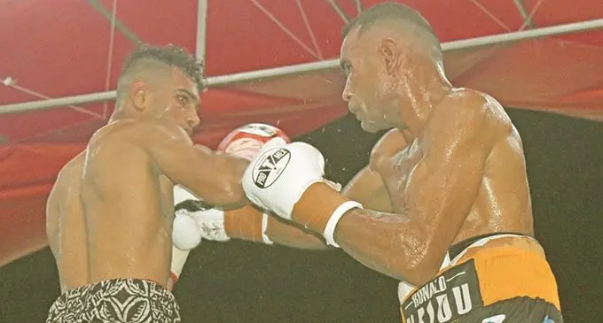 Nathan Singh (left) against Ronald Naidu during the Spoth Pacific Boxing Promotion at Prince Charles Park, Nadi on March 19, 2021.  Photo: Waisea Nasokia