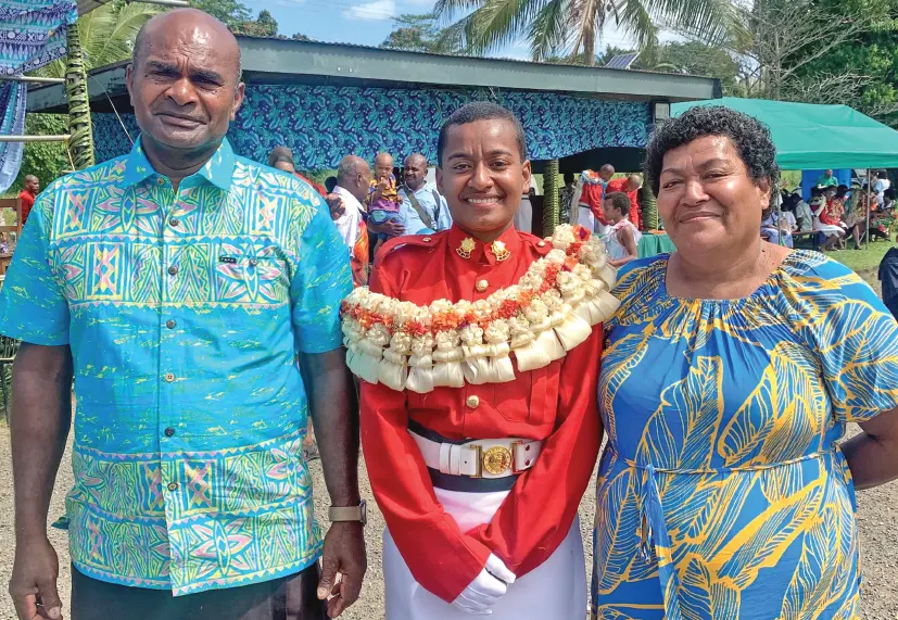 Best all-round award recipients Mereani Yabaki with her parents during the passing-out parade on August 14, 2026. Photo: Milika Rabulu