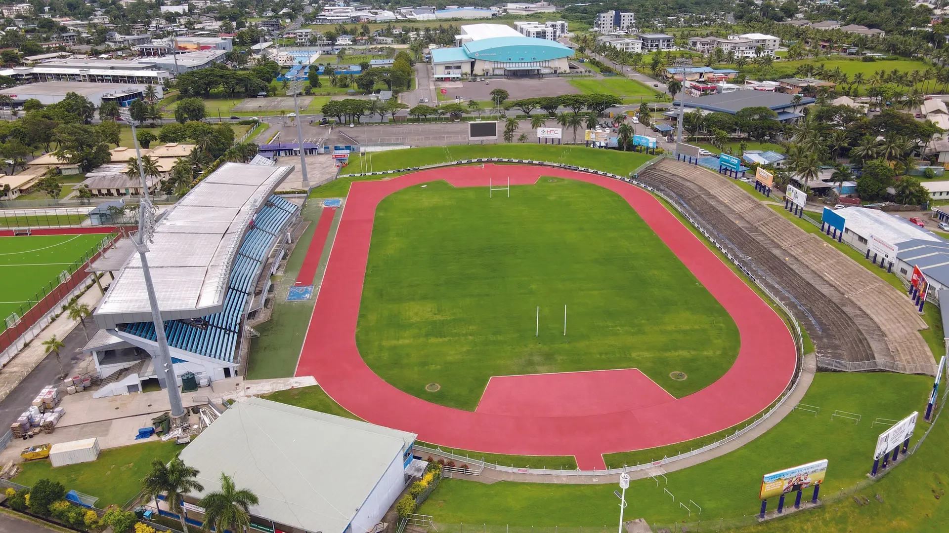 Work on upgrading the track at the HFC Bank Stadium in Suva continues. Photo: Leon Lord
