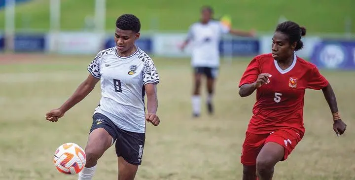 Action between Fiji Kulas and PNG during the OFC Women's Nations Cup semi-final at the HFC Stadium, Suva. Photo: Josua Buredua