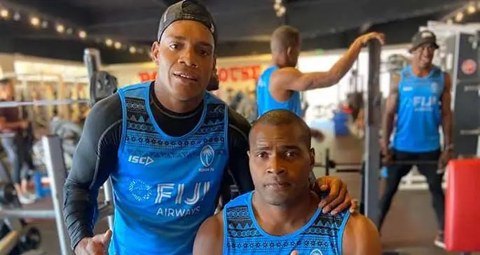 Fiji Airways Fijian 7s playmaker Napolioni Bolaca and Josua Vakurinabili during their gym session at the Powerhouse Gym in Los Angeles on February 23, 2020. Photo: FRU Media
