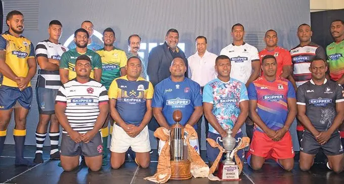 Participating Skipper Provincial Cup team representatives with their home and away jerseys during the official launch at Albert Park, Suva on April 8, 2021. Standing from (sixth from left) CJ Patel Group chief financial officer Dhruba Bowmic, Fiji Rugby Union chief executive officer John O’Connor, CJ Patel Group general manager sales and marketing Pranil Singh. Photo: Ronald Kumar