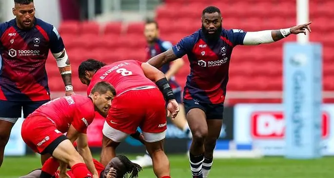 Bristol Bears Semi Radradra (right) against Saracens in the Gallagher Premiership clash on August 15,2020. Bears won 19-16. Photo: Bristol Live